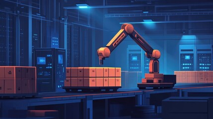 Poster - of a robotic arm automatically handling and moving cargo containers in a modern futuristic warehouse setting