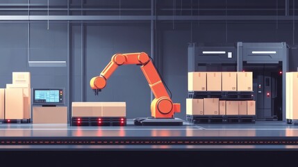 Poster - Robotic arm operating in a modern automated warehouse or logistics center handling and transporting cargo boxes and inventory efficiently on a conveyor belt system