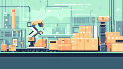 Poster - Automated logistics and robotic warehouse in a smart factory environment showcasing the of advanced technologies and machinery for efficient streamlined product storage handling and distribution