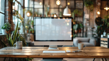 Poster - Mockup of blank screen desktop computer and blurry people working at creative office background. Generative AI.