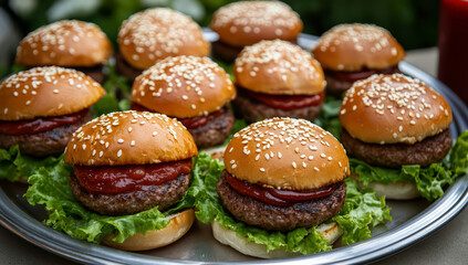 Wall Mural - a group of mini burgers on a wooden board