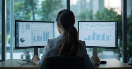 A business woman sits at her desk in an office, using two monitors to view and display graphs and data analytics on both screens, creating charts for company performance.