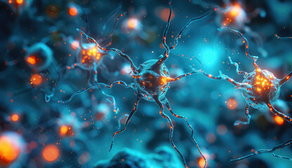 Wall Mural - A close-up of neural networks, with glowing connections between neurons and bright light effects on the background