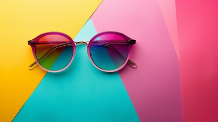 Wall Mural - Single vibrant sunglasses on colorful geometric background.