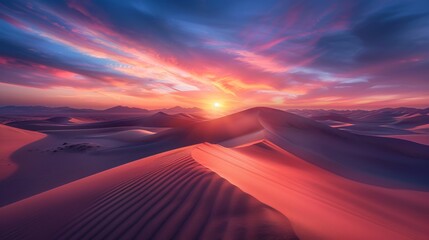 Sunset over sand dunes with vibrant sky and clouds.