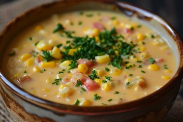 Wall Mural - Corn soup with paprika and parsley on a dark background