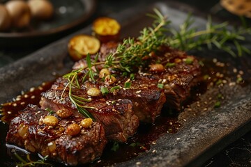 This rustic composition features succulent roast beef in a warm and inviting atmosphere. Handcrafted wooden utensils accompany the plate, elegantly folded white linen napkins