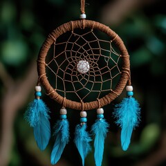 Wall Mural - Handmade dreamcatcher with turquoise feathers