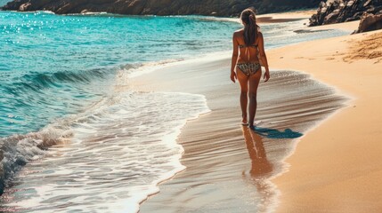 Sticker - Woman walking on a sandy beach, turquoise water, summer.