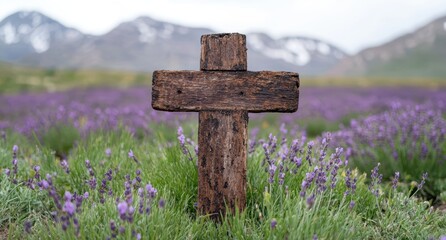 Wall Mural - Wooden cross in a lavender field with mountains in the background