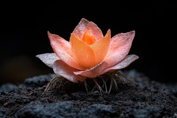 Poster - Vibrant orange lotus flower blooming in dark soil