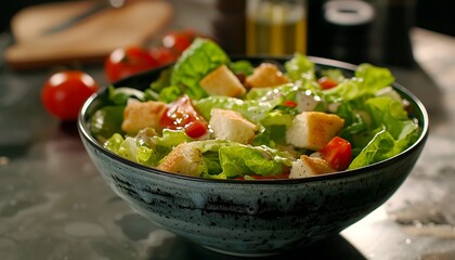 Wall Mural - Fresh salad with tomatoes and croutons in a bowl on the table