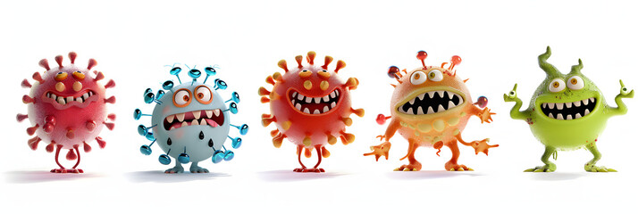 Wall Mural - Set of 3D cute cartoon disease, viruses, bacteria, isolated on white background, png