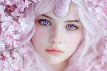 Poster - Dreamy portrait of a woman with pink hair and flowers