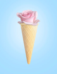 Wall Mural - Ice cream cone with rose flower on light blue background