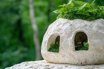 Wall Mural - Moss-covered stone planter with greenery