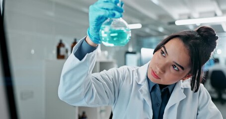 Poster - Science, laboratory and woman with liquid in beaker for research, medical study and vaccine development. Healthcare, pharmaceutical and scientist with equipment for medicine, experiment and sample