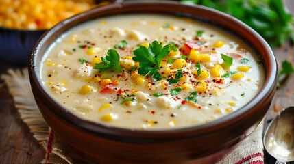 Wall Mural - Corn soup with paprika and parsley on a dark background