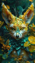 Poster - A golden fox with green accents in a lush forest setting.