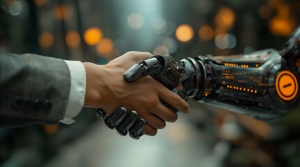 A human hand shakes a futuristic AI robotic hand, showcasing technological advancement and the seamless blend of human and artificial intelligence in a handshake