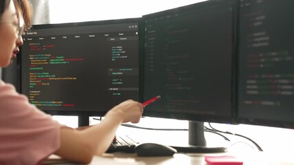 Back end software developer engineer for computer programming working together on debugging writing computing code, solving complex algorithms display on monitor in office. Burgeoning