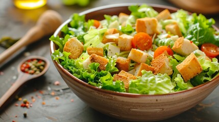 Wall Mural - Fresh caesar salad with cherry tomatoes and croutons in a bowl