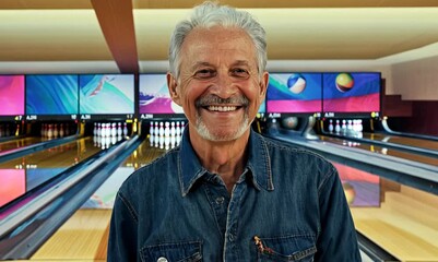 Wall Mural - Portrait of smiling senior man in jeans jacket standing in bowling club