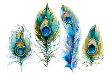 Wall Mural - peacock feather watercolor illustrations collection