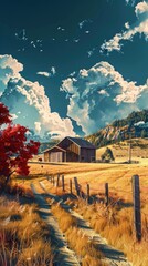 Wall Mural - A dirt road winds through a field, past a rustic barn and into a forest under a cloudy sky.