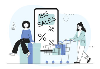 Women with big sales. Girls near huge smartphone. Discounts and promotions, special offer. Shopaholics with purchases. Outlet and store online. Linear vector illustration