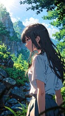 Poster - anime beautiful long hair in mountain portrait character cartoon manga design illustration art 119