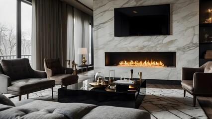 Modern minimalist living room interior design with fireplace, dark color theme home decor interior design with fireplace room 