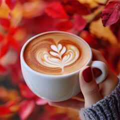 Cup of cappuccino and autumn background.