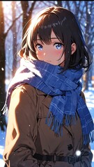 Canvas Print - anime girl in winter blue scarf portrait character cartoon manga design illustration art 437