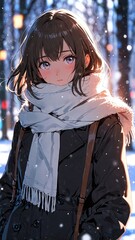 Poster - anime girl in winter white scarf portrait character cartoon manga design illustration art 471