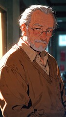 Wall Mural - anime grandfather in brown sweater portrait character cartoon manga design illustration art 507