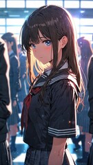 Wall Mural - anime long hair in school uniform portrait character cartoon manga design illustration art 598