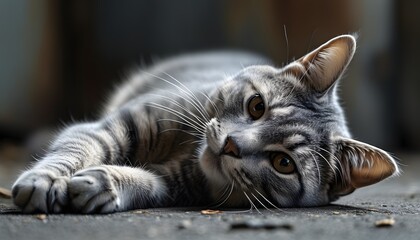 A cat lying on the ground, its coat color is gray, and its side shows a cute appearance.