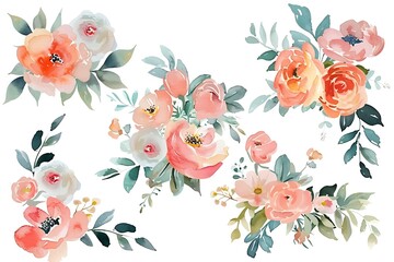 Wall Mural - Watercolor bouquets of flowers and leaves.