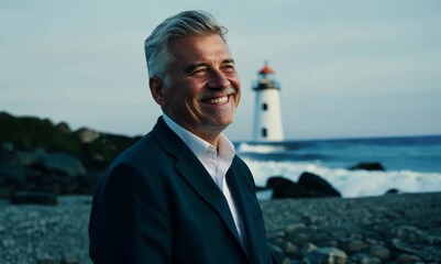 Wall Mural - Lifestyle portrait video of a pleased man in his 40s wearing a classic blazer against a lighthouse or coastal background