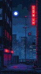 Poster - Pixelated cityscape at night with neon signs.