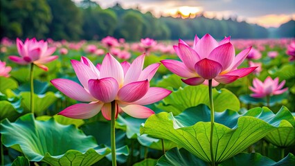 Vibrant pink lotus flowers standing out in a lush green field, lotus, flowers, pink, vibrant, green, field, nature, beauty