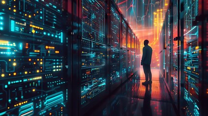 Wall Mural - Silhouette of a Man in a Futuristic Server Room