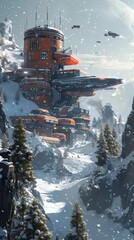 Sticker - futuristic building on a snowy mountaintop with flying vehicles.