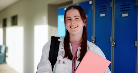 Poster - Corridor, face and girl in university for education, knowledge and future goals with learning. College, female student and scholarship in campus for thesis research, assignment and studying in London