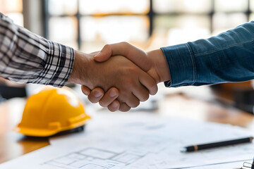 Two professionals shake hands in a modern office, symbolizing collaboration and business agreement amidst construction plans.