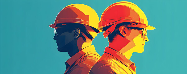 Two construction workers in safety helmets stand back to back, symbolizing teamwork and dedication in the construction industry.