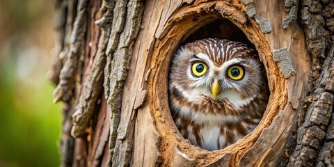 owl peeking out of hole in tree with cunning eyes and perfect camouflage , wise, woodland, predator,