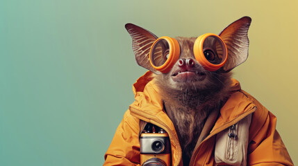 Funny bat in orange jacket with goggles and camera