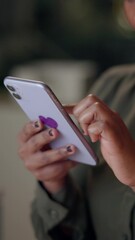Fototapete - Hands, smartphone and woman scroll for communication, website and social media in office at night. Closeup, mobile and person working for business research, networking and writing email in workplace